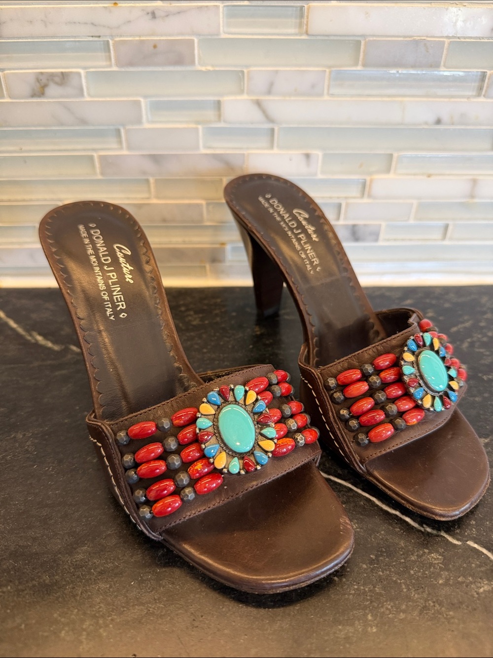 Donald J. Pliner Brown Leather Beaded Slide Sandals with Turquoise Medallions